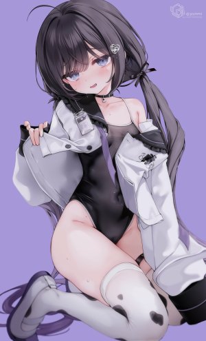 独立虚拟YouTuber,ゆんみ,黑发,碧眼,脸红,breasts,cameltoe,项圈,发饰,长发,长袖,视线正对,缎带,single,泳装,丝袜,双马尾,超长发,Vtuber,白丝