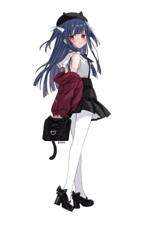 佐城雪美,偶像大师,偶像大师：灰姑娘女孩,eluthel,青发,直刘海,脸红,全身,holding,长发,视线正对,迷你短裙,裤袜,褶皱裙,红色眼,衬衫,短裙,笑顔,single,白背景