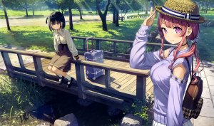 久留美,雫,原创,kantoku,脸红,breasts,发饰,长发,视线正对,公园,褶皱裙,紫色眼,缎带,衬衫,短发,坐姿,短裙,笑顔,针织衫