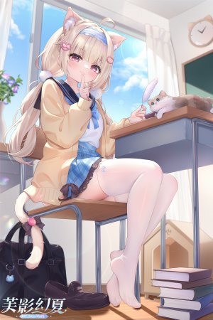 原创,kuroida,呆毛,兽耳,金发,领结,开衫,猫,猫耳,猫娘,猫尾,羽毛,全身,发饰,holding,长发,长袖,学校制服,水手服,衬衫,坐姿,短裙,丝袜,双马尾,白丝