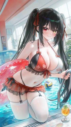 时崎狂三,DATE·A·LIVE,liht,露肩,水着,黑发,直刘海,脸红,breasts,cleavage,长发,视线正对,ミント,露脐,缎带,短裙,笑顔,single,泳装,丝袜,双马尾,超长发,白丝,黄色眼