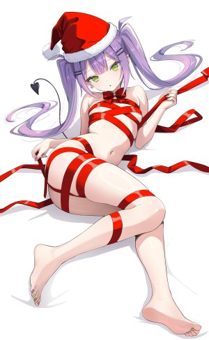 常暗トワ,Hololive,猫乃介,领结,breasts,恶魔娘,全身,绿色眼,发饰,长发,视线正对,横臥,露脐,開口,粉发,尖耳,紫发,缎带,single,双马尾,Vtuber