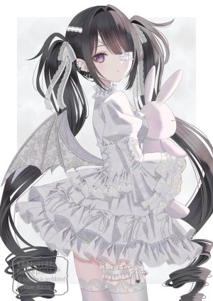 原创,paruno,黑发,脸红,连衣裙,萝裙,长发,视线正对,紫色眼,single,毛绒玩具,丝袜,双马尾,超长发,白丝,翅膀