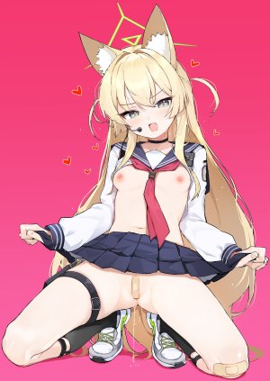 teranekosu,胡桃Kurumi,蔚蓝档案,兽耳,创可贴,金发,脸红,breasts,项圈,狐娘,绿色眼,光晕,萝莉,长发,长袖,视线正对,露脐,nipples,開口,褶皱裙,妹汁,衬衫,短裙,掀裙,single