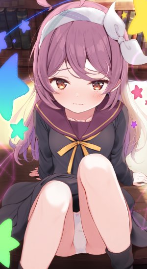 原创,相音うしお,长发,长袖,视线正对,胖次,紫发,红色眼,缎带,学校制服,水手服,衬衫,坐姿,短裙,single,下着