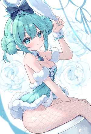 初音ミク,bicute_bunnies_miku,VOCALOID,緑風マルト,兽耳,breasts,cleavage,双团子头,包子頭,视线正对,裤袜,坐姿,笑顔,single