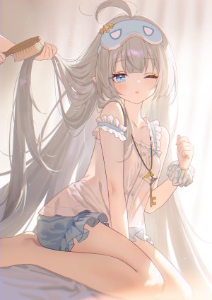星塔旅人,tyrant,female_tyrant,adelie_cat,長身像,视线正对,前发,脸红,碧眼,坐姿,银发,呆毛,超长发,挤眼,尖耳,少女,Key社