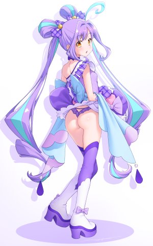 cure_kyunkyun,shigure_kokoro,precure,kimi_to_idol_precure,和馬村政,呆毛,青发,脸红,breasts,项圈,连衣裙,全身,lingerie,长发,视线正对,回头看,魔法少女,開口,胖次,紫发,single,丝袜,双马尾,下着,超长发