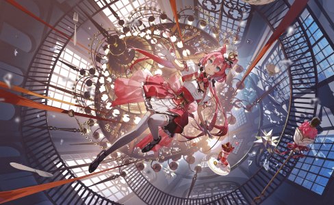 桜田ハネ,原创,kieed,兽耳,碧眼,breasts,猫耳,连衣裙,手套,发饰,长发,粉发,single,丝袜,Vtuber