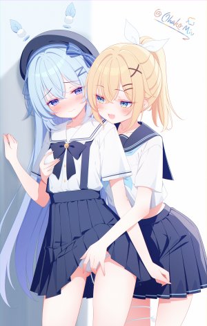 原创,小叶子Miv,金发,碧眼,青发,脸红,领结,breasts,groping,发饰,长发,開口,胖次,褶皱裙,马尾辫,紫色眼,妹汁,缎带,衬衫,短裙,笑顔,下着,超长发,湿身,百合