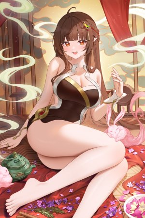 绿茶の袋子,崩坏：星穹铁道,霊砂,脸红,前发,露肩,裸足,breasts,cleavage