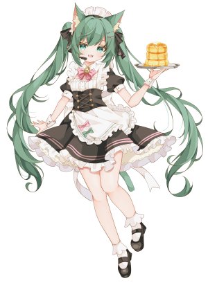 初音ミク,VOCALOID,saekiyasabou,兽耳,breasts,猫耳,猫娘,猫尾,连衣裙,全身,绿色眼,绿发,holding,长发,女仆,開口,笑顔,single,双马尾,超长发
