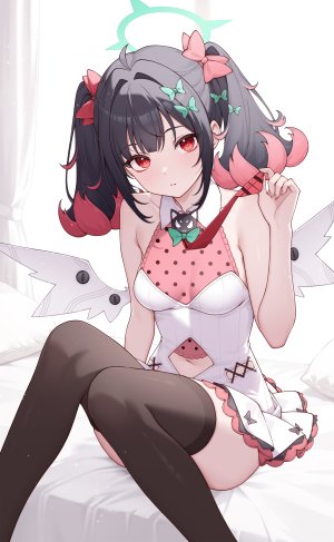 绝区零,南宫羽,origami,single,长发,長身像,视线正对,前发,breasts,黑发,红色眼,坐姿,双马尾,露肩,直刘海,呆毛,少女,丝袜,黑丝,翅膀,光晕