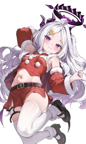 空崎ヒナ,蔚蓝档案,nekoyaminamo,呆毛,露肩,脸红,breasts,圣诞节,恶魔娘,全身,发饰,光晕,horns,长发,视线正对,露脐,紫色眼,笑顔,single,丝袜,超长发,白背景,白发,白丝,翅膀