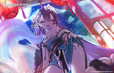 reverseblue_x_re-birthend,yoyopipa,露肩,茶发,发饰,长发,開口,紫色眼,紫发,笑顔,single