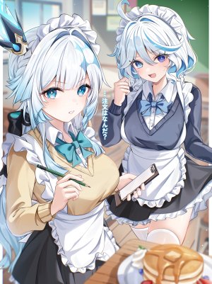 aida_noa,刻律德菈,芙宁娜,原神,崩坏：星穹铁道,异色瞳,女仆,掀裙,针织衫,丝袜,女服务生