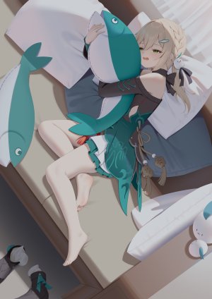 青雀,崩坏：星穹铁道,冰冻鱼粽,露肩,金发,三股辫,连衣裙,绿色眼,长发,開口,褶皱裙,短裙,single,毛绒玩具