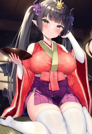 原创,ochinsama,露肩,黑发,脸红,breasts,绿色眼,发饰,和服,视线正对,尖耳,坐姿,短裙,笑顔,single,丝袜,双马尾,白丝