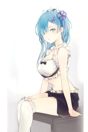 蕾姆,从零开始的异世界生活,Lpip,露肩,碧眼,青发,胸部,cleavage,发饰,长发,视线正对,横乳,迷你短裙,露脐,缎带,坐姿,短裙,single,黑丝,白丝