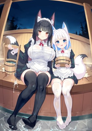 原创,ochinsama,兽耳,围裙,黑发,黑丝,碧眼,青发,breasts,棕色眼,连衣裙,衬衫,holding,长袖,女仆,粉发,坐姿,天空,笑顔,丝袜,湿身,白丝