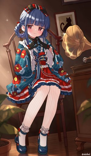 佐城雪美,偶像大师,偶像大师：灰姑娘女孩,eluthel,青发,三股辫,手套,和服,萝裙,视线正对,裤袜,红色眼,坐姿,single