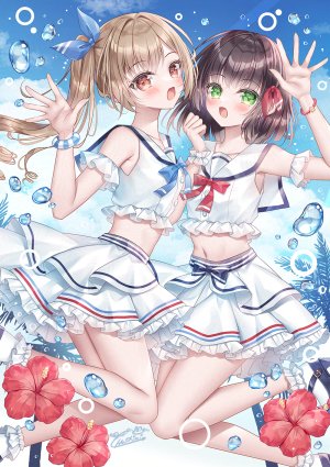 波有手美海,緑川さくら,原创,小日向ほしみ,露肩,脸红,breasts,棕色眼,茶发,绿色眼,视线正对,露脐,褶皱裙,缎带,衬衫,短裙,天空