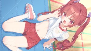 葉月ワトラ,原创,peko,呆毛,长发,露脐,红色眼,缎带,衬衫,坐姿,笑顔,snake,single,双马尾,超长发,湿身