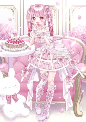 苺月ありさ,独立虚拟YouTuber,あでりーぬ,露肩,脸红,花束,项圈,连衣裙,全身,手套,发饰,holding,视线正对,花瓣,粉发,rose,短裙,笑顔,single,草莓,毛绒玩具,丝袜,双马尾,Vtuber