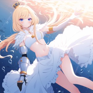 原创,小叶子Miv,碧眼,脸红,breasts,泡泡,cleavage,皇冠,長手袋,手套,长发,视线正对,露脐,短裙,single,超长发