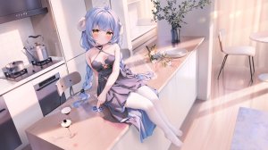 blue_sytry,kaguyano,鬼針草,露肩,青发,脸红,breasts,カリス,樱桃,连衣裙,全身,长发,视线正对,坐姿,single,丝袜,超长发,白丝,黄色眼