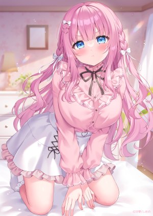 シオノ,萝裙,粉发,长发,正视,短裙,跪坐