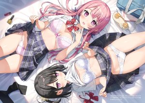 久留美,雫,原创,kantoku,黑发,脸红,领结,bra,breasts,发饰,长发,视线正对,横臥,開口,胖次,粉发,缎带,学校制服,衬衫,短发,短裙,掀裙,笑顔,双马尾,下着