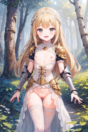 Mitsumata_Ai,原创,盔甲,前发,金发,直刘海,脸红,bottomless,breasts,连衣裙,erect_nipples,发饰,ナイト,长发,视线正对,nipples,No-Bra,nopan,開口,衬衫,短裙,笑顔,丝袜,topless,猫咪,白丝,AI生成图