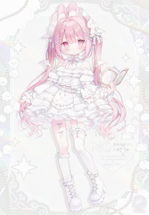 原创,omochi_monaka,兽耳,露肩,脸红,breasts,项圈,cross,连衣裙,全身,发饰,holding,kneehighs,萝裙,长发,长袖,视线正对,项链,衬裙,粉发,single,毛绒玩具,双马尾,超长发,翅膀