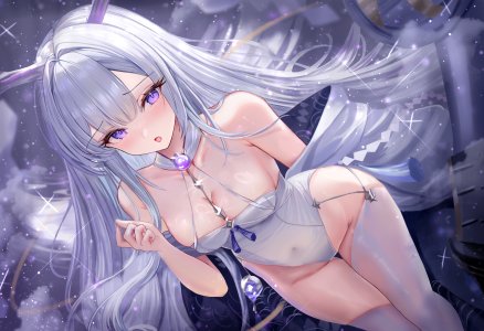 碧蓝航线,age_fx,露肩,breasts,horns,长发,视线正对,開口,紫色眼,single,丝袜,超长发,白丝