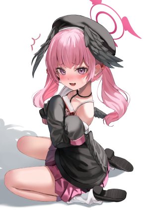 下江コハル,蔚蓝档案,shaffelli,黑发,脸红,发饰,holding,长发,视线正对,開口,粉发,衬衫,坐姿,短裙,single,双马尾,翅膀