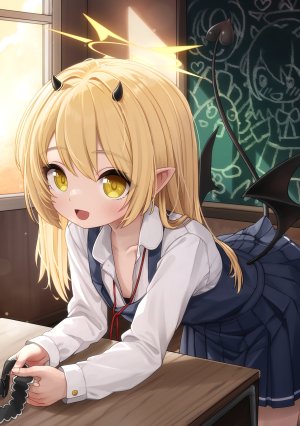 comodomodo,丹花伊吹,蔚蓝档案,恶魔,光晕,萝莉,No-Bra,尖耳,制服,掀裙,翅膀