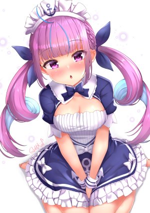 湊あくあ,Hololive,gmkj,前发,裸足,青发,脸红,三股辫,胸部,cleavage,连衣裙,长发,视线正对,横乳,紫色眼,紫发,缎带,阴影,坐姿,single,双马尾,Vtuber,白背景