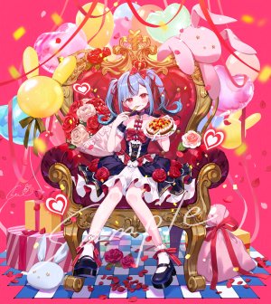 nito_wai,独立虚拟YouTuber,nimoshi,青发,花束,连衣裙,全身,holding,视线正对,花瓣,红色眼,rose,坐姿,single,毛绒玩具,双马尾,Vtuber