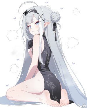 星塔旅人,deyui,呆毛,露肩,碧眼,脸红,汉服,连衣裙,手套,灰发,包子頭,发饰,长发,视线正对,回头看,尖耳,坐姿,single,白背景