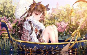 Fate系列,fate/grand_order,ishtar,純白可憐,长发,single,脸红,视线正对,胸部,黑发,前发,红色眼,笑顔,坐姿,天空,直刘海