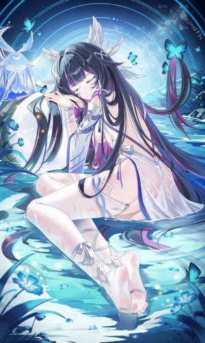 コロンビーナ,原神,jndfh,黑发,脸红,breasts,蝴蝶,连衣裙,发饰,长发,仮面,粉发,single,丝袜,湿身,白丝,翅膀