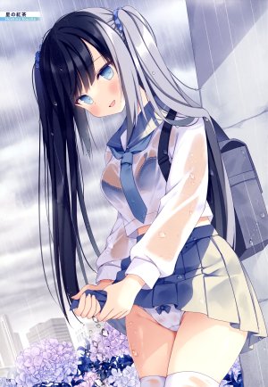 電撃萌王,原创,星の紅茶,黑发,碧眼,脸红,bra,breasts,发饰,长发,长袖,视线正对,迷你短裙,開口,胖次,褶皱裙,rain,学校制服,水手服,衬衫,短裙,笑顔,single,丝袜,双马尾,下着