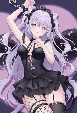 原创,茶乃ひより,兽耳,绷带,露肩,breasts,猫耳,猫尾,CUFFS,连衣裙,灰发,长发,视线正对,裤袜,紫色眼,single,丝袜,超长发,翅膀