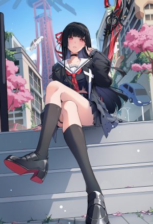鸣潮,chisa,saiivia,single,长发,長身像,视线正对,前发,脸红,黑发,红色眼,坐姿,天空,全身,直刘海,少女,制服,项圈,水手服