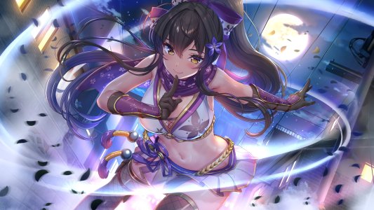 ninnindays,akasaai,黑发,breasts,游戏CG,手套,长发,露脐,褶皱裙,马尾辫,短裙,笑顔,single,丝袜,超长发,风,黄色眼