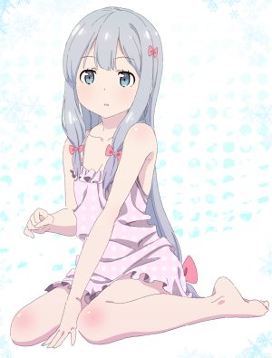 黄漫老师,A-1_Pictures,和泉纱雾,pink_x,single,长发,長身像,视线正对,breasts,碧眼,坐姿,cleavage,全身,灰发,少女,连衣裙