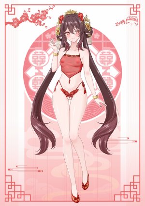 胡桃,原神,ppshex,露肩,脸红,手镯,breasts,茶发,全身,发饰,lingerie,长发,视线正对,露脐,nipples,胖次,露出,红色眼,缎带,笑顔,single,下着,超长发,白背景