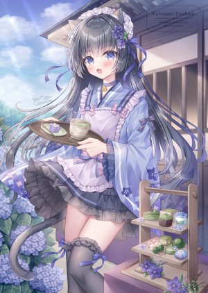 原创,小日向ほしみ,兽耳,围裙,铃,黑发,黑丝,碧眼,脸红,breasts,猫耳,猫娘,猫尾,项圈,连衣裙,发饰,holding,和服,长发,长袖,视线正对,女仆,開口,缎带,短裙,笑顔