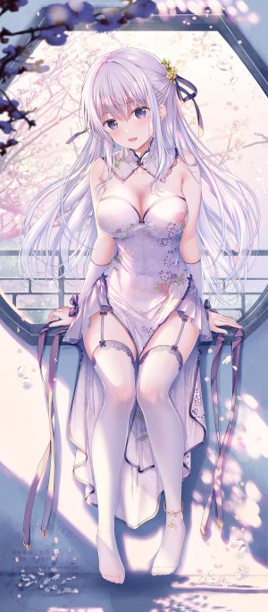 花花捲,Sousouman,柊飞鸟,原创,TwinBoxSchool,露肩,碧眼,脸红,breasts,汉服,cleavage,连衣裙,灰发,长发,视线正对,開口,紫色眼,缎带,坐姿,笑顔,single,丝袜